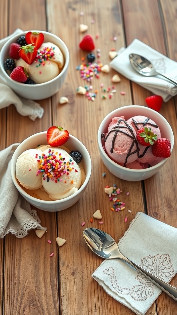 Aesthetic ice cream bowls with berries and sprinkles on a rustic table, perfect for a romantic date.